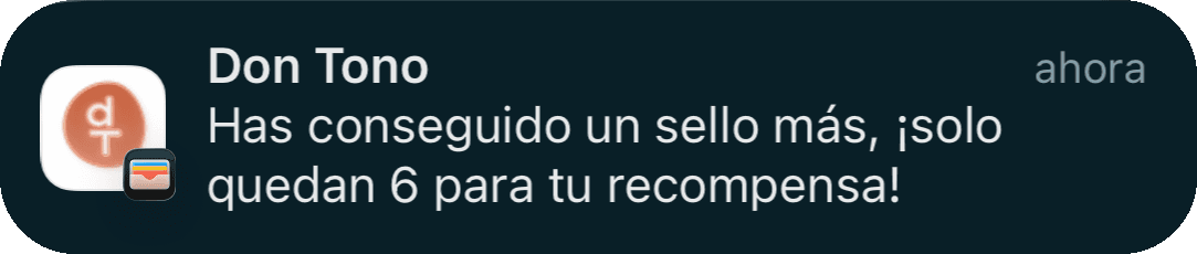 Notificación de Apple Wallet que confirma un nuevo sello y muestra el progreso hacia la recompensa.