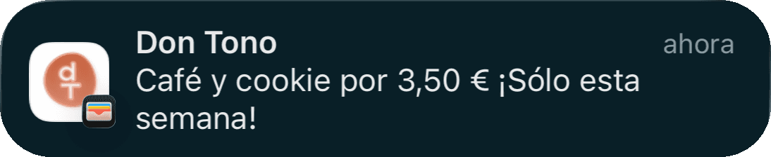 Notificación promocional de Apple Wallet con una oferta de café y cookie.