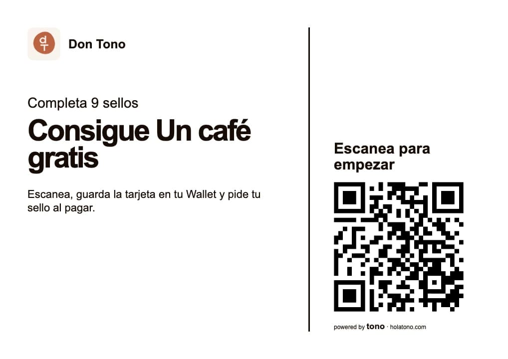 Adhesivo horizontal A6 generado para Don Tono, con la recompensa, instrucciones y un QR de demostración.