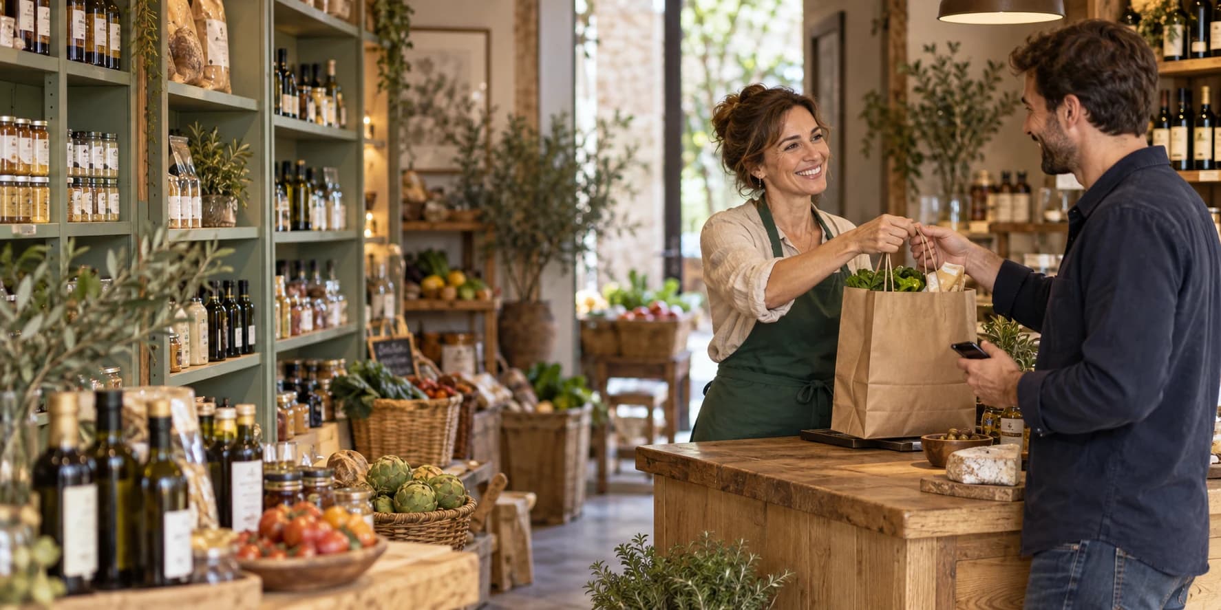 Una comerciante entrega una compra a un cliente habitual en una tienda gourmet